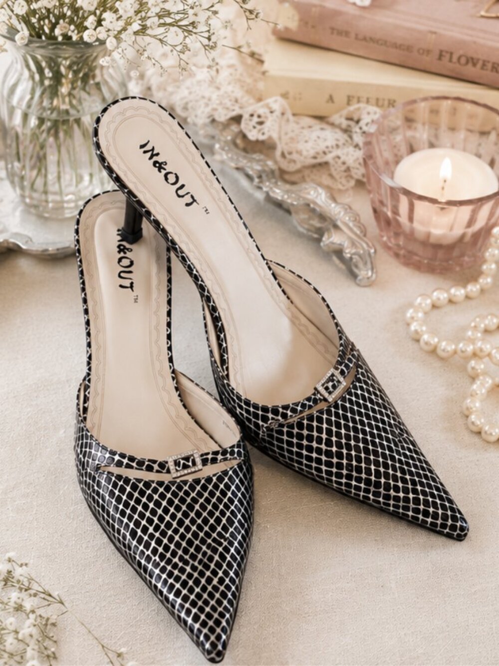 IN&OUT Vintage Y2K Faux Snakeskin Pointed-Toe Mule Heels